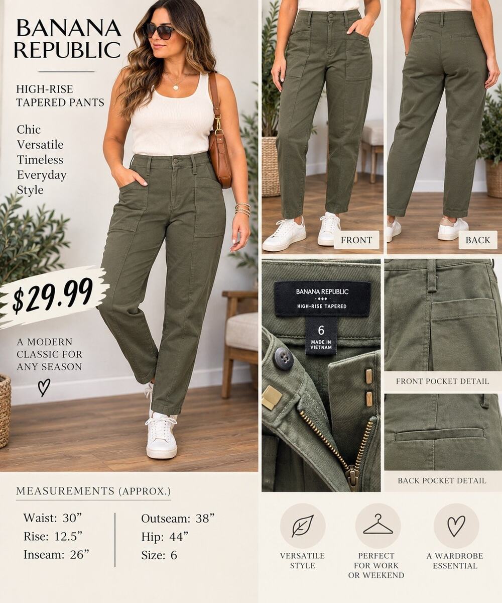 Banana Republic Women’s High Rise Tapered Solid Green Pants Pockets Zip size 6